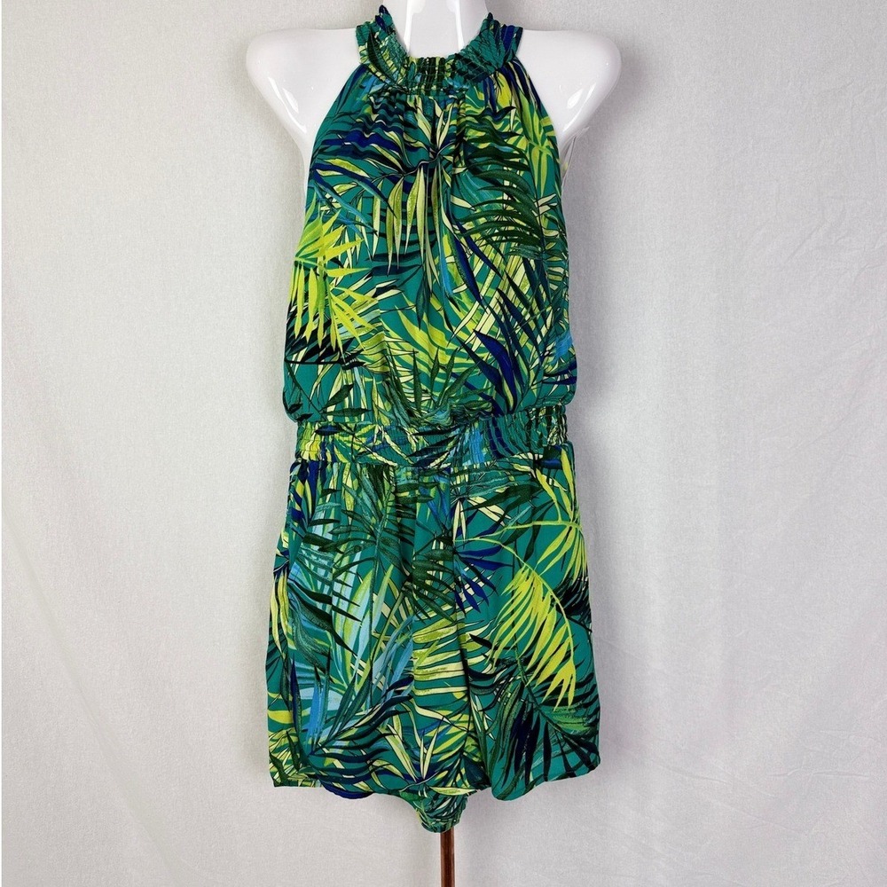 NY&C Green Palm‎ Leaf Halter Romper Smocked Waist Tropical Jumpsuit NWT
